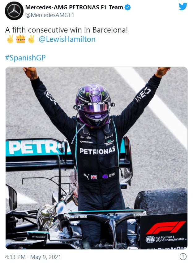 Mercedes tweet for Hamilton win in Barcelona 9-5-2021 - enlarge
